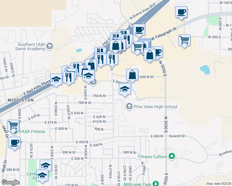 map of restaurants, bars, coffee shops, grocery stores, and more near 766 North 2720 East in St. George