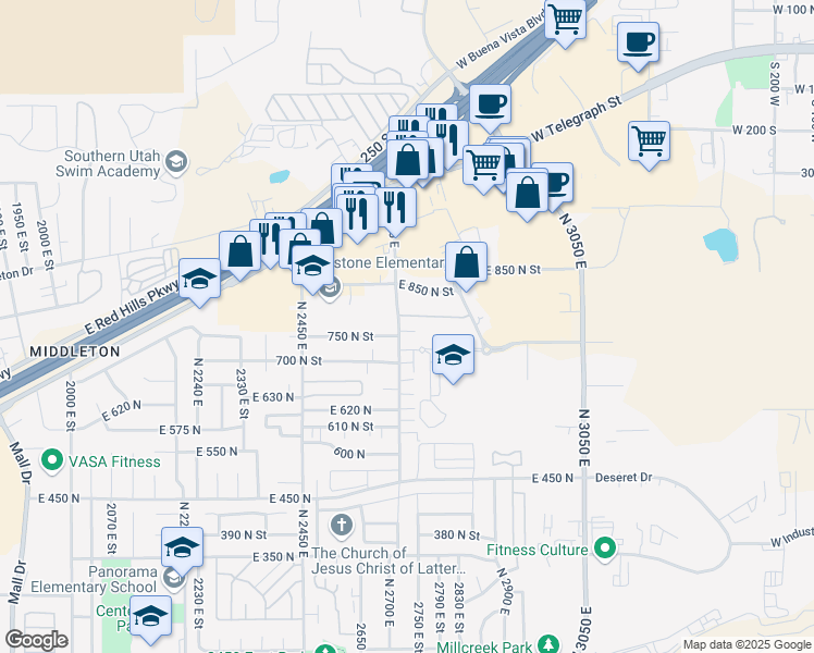 map of restaurants, bars, coffee shops, grocery stores, and more near 766 2720 East Street in St. George