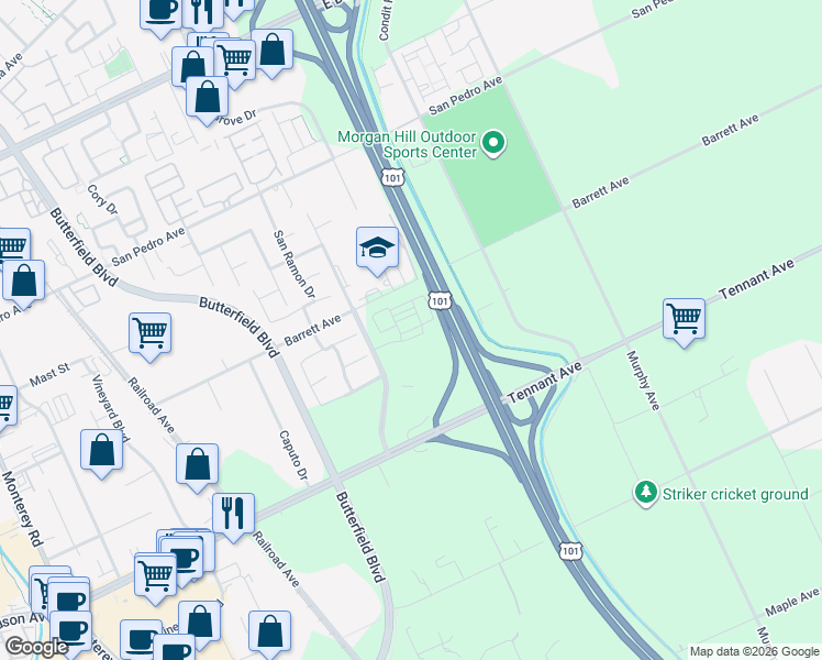 map of restaurants, bars, coffee shops, grocery stores, and more near More Lane in Morgan Hill