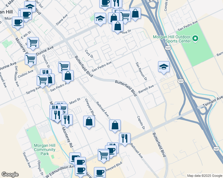 map of restaurants, bars, coffee shops, grocery stores, and more near 16505 Butterfield Boulevard in Morgan Hill