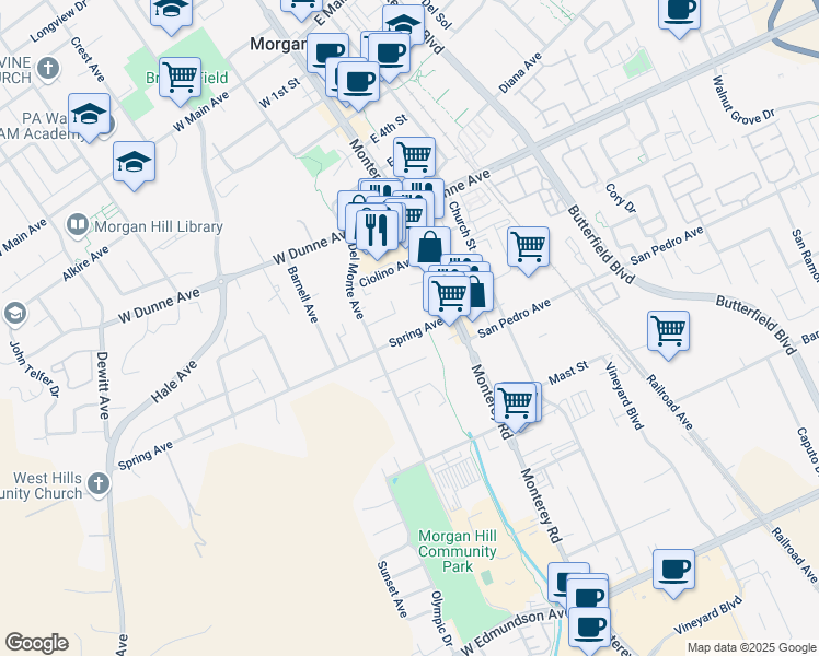 map of restaurants, bars, coffee shops, grocery stores, and more near 130 Manor Court in Morgan Hill