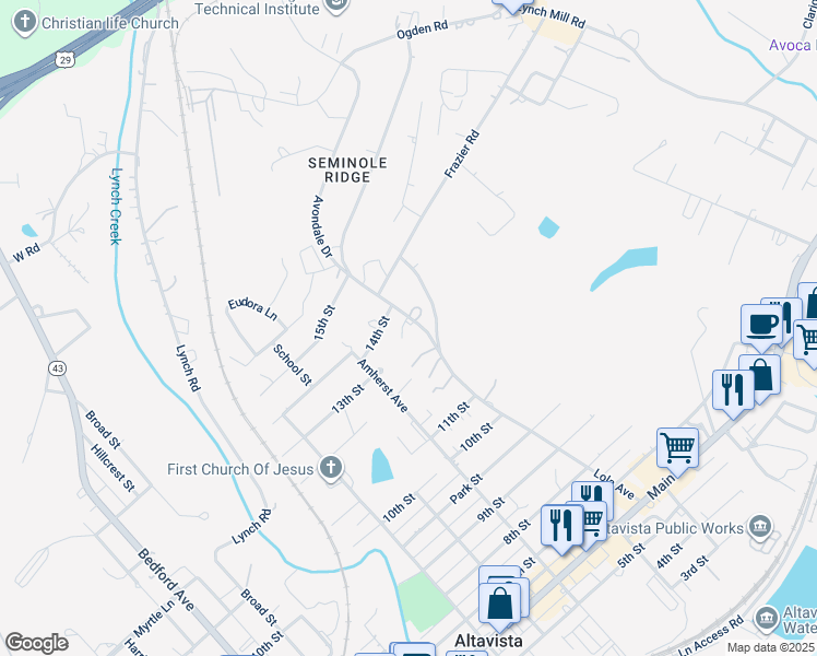 map of restaurants, bars, coffee shops, grocery stores, and more near 1208 Avondale Dr in Altavista