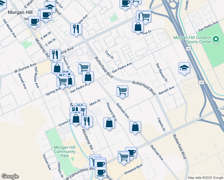 map of restaurants, bars, coffee shops, grocery stores, and more near 340 San Pedro Avenue in Morgan Hill