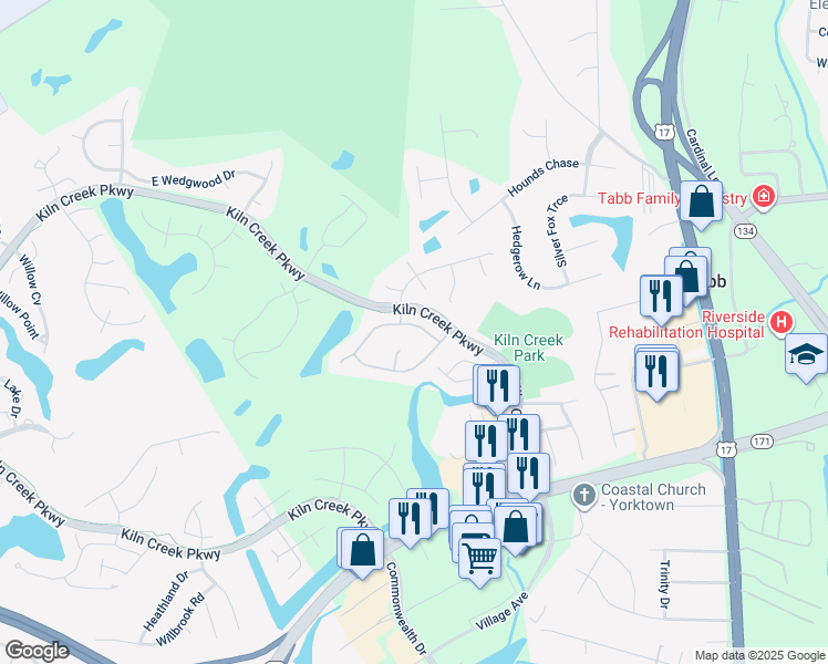 map of restaurants, bars, coffee shops, grocery stores, and more near 107 Crosspointe Court in Yorktown