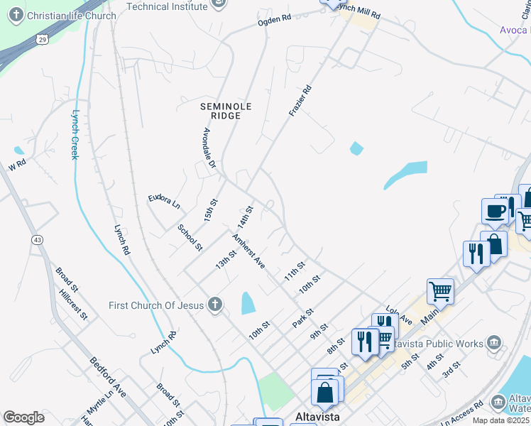 map of restaurants, bars, coffee shops, grocery stores, and more near 1208 Avondale Drive in Altavista