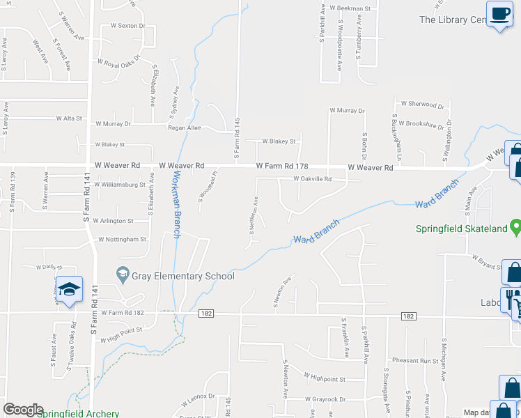 map of restaurants, bars, coffee shops, grocery stores, and more near 5134 South Nettleton Avenue in Springfield