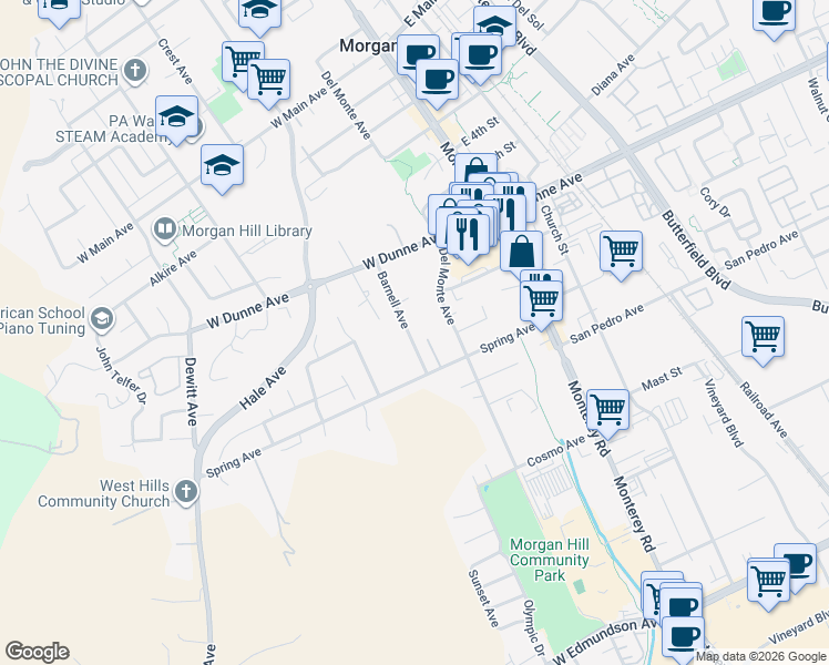 map of restaurants, bars, coffee shops, grocery stores, and more near 16800 Barnell Avenue in Morgan Hill