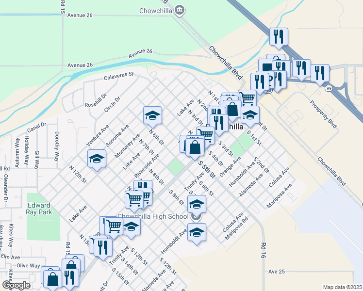 map of restaurants, bars, coffee shops, grocery stores, and more near 210 North 5th Street in Chowchilla