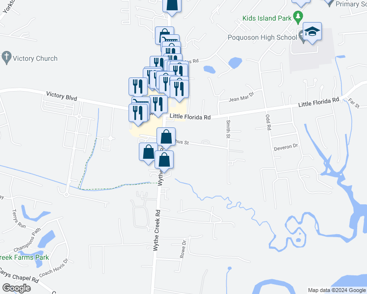 map of restaurants, bars, coffee shops, grocery stores, and more near 12 Alphus Street in Poquoson