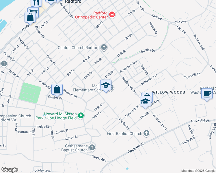 map of restaurants, bars, coffee shops, grocery stores, and more near 700 12th Street in Radford
