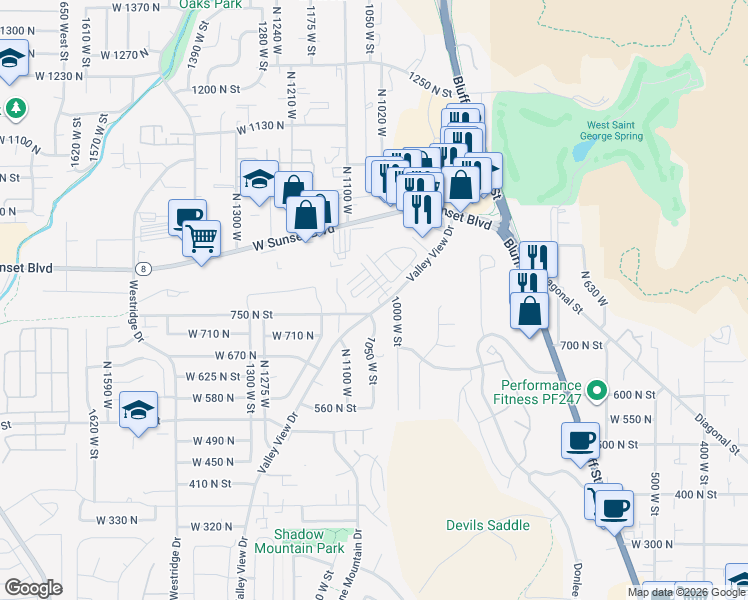 map of restaurants, bars, coffee shops, grocery stores, and more near 781 North Valley View Drive in St. George