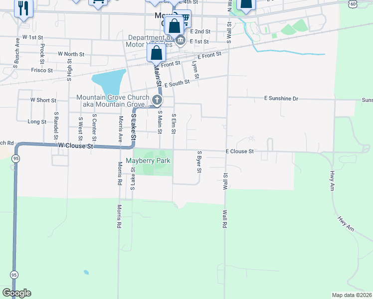 map of restaurants, bars, coffee shops, grocery stores, and more near 574 Robin Road in Mountain Grove