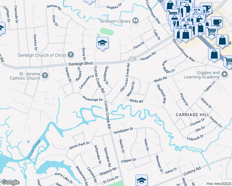 map of restaurants, bars, coffee shops, grocery stores, and more near 766 Old Lucas Creek Road in Newport News
