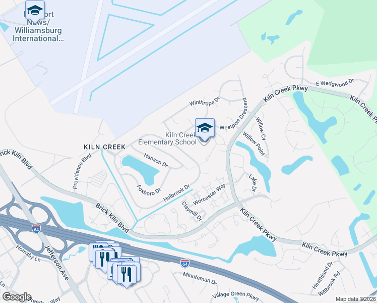 map of restaurants, bars, coffee shops, grocery stores, and more near 920 Holbrook Drive in Newport News