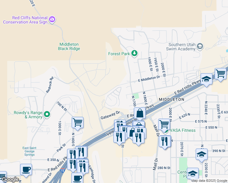 map of restaurants, bars, coffee shops, grocery stores, and more near 840 Twin Lakes Drive in St. George