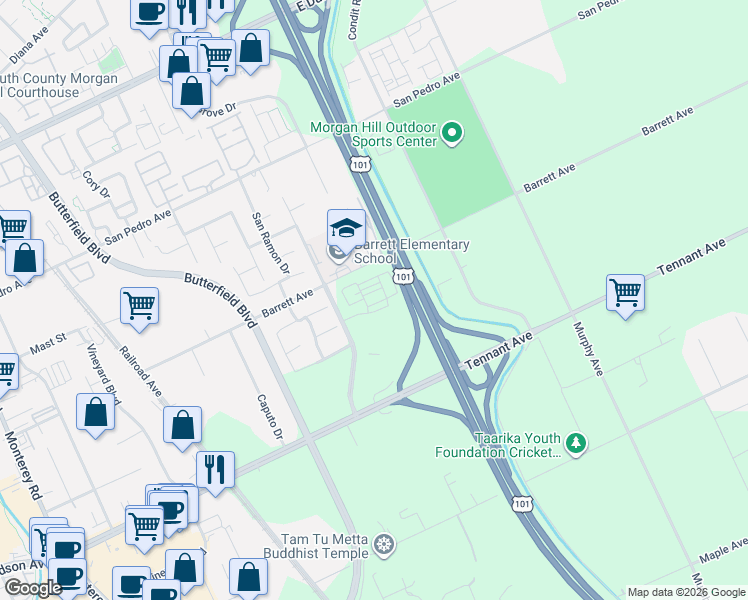 map of restaurants, bars, coffee shops, grocery stores, and more near South Valley Frwy in Morgan Hill