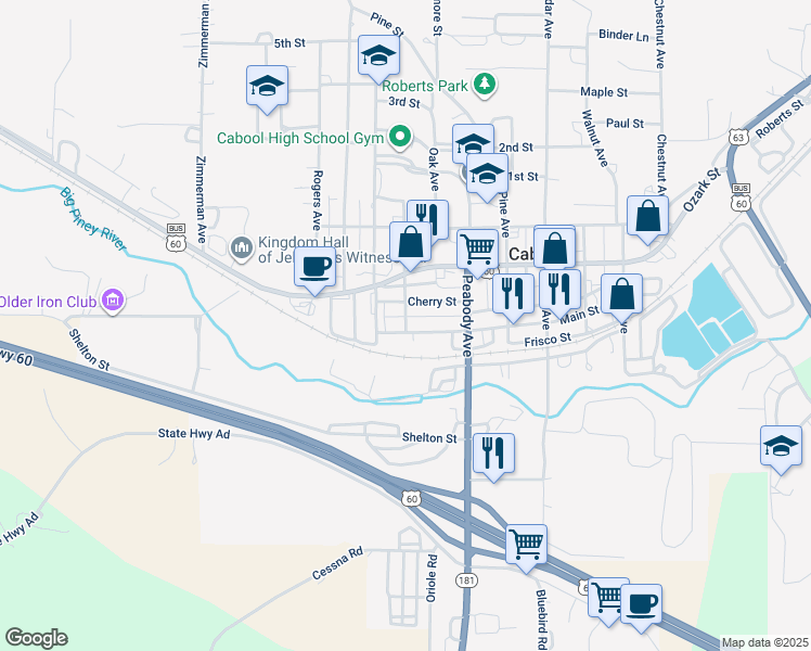 map of restaurants, bars, coffee shops, grocery stores, and more near 518 Hickory Avenue in Cabool