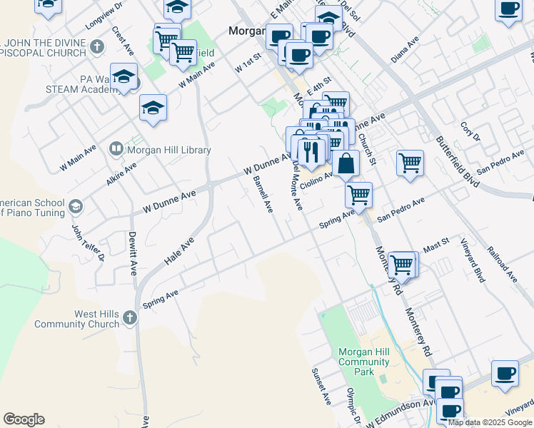 map of restaurants, bars, coffee shops, grocery stores, and more near 16765 Barnell Avenue in Morgan Hill