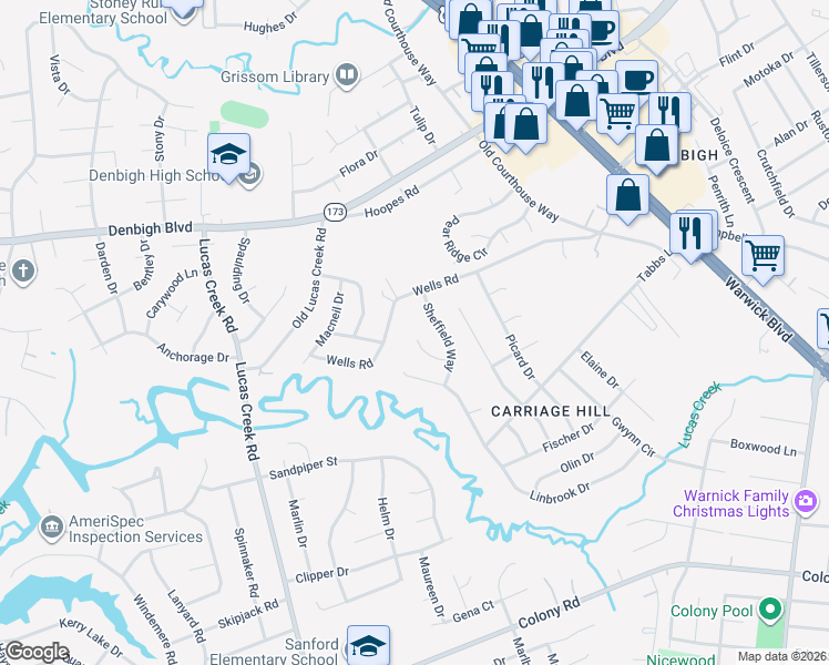 map of restaurants, bars, coffee shops, grocery stores, and more near 214 Newcastle Court in Newport News