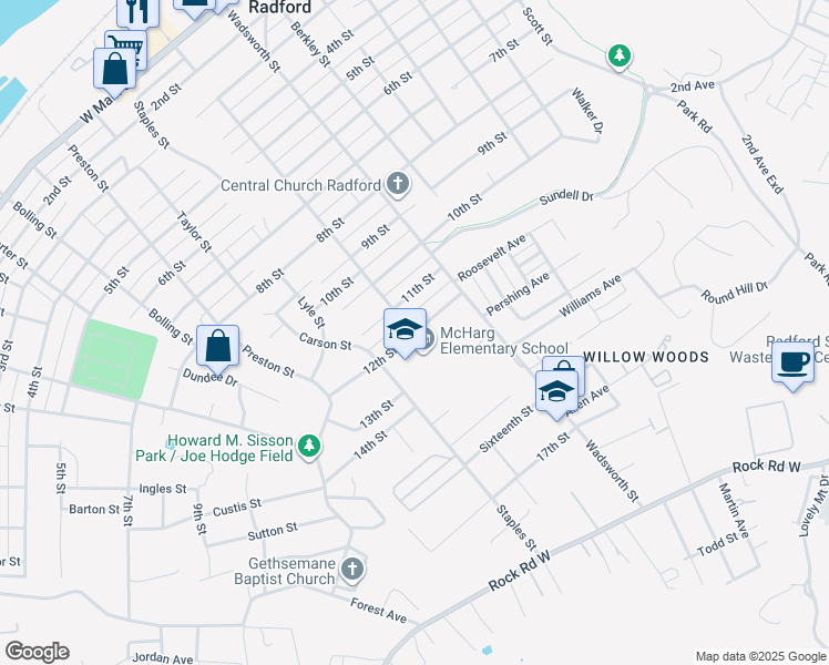 map of restaurants, bars, coffee shops, grocery stores, and more near 699 12th Street in Radford