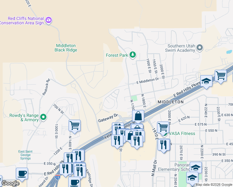 map of restaurants, bars, coffee shops, grocery stores, and more near 840 Twin Lakes Drive in St. George