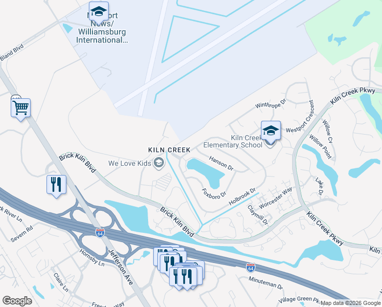 map of restaurants, bars, coffee shops, grocery stores, and more near 980 Holbrook Drive in Newport News