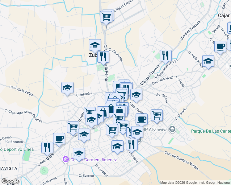 map of restaurants, bars, coffee shops, grocery stores, and more near 1 Calle Laurel de la Reina in La Zubia
