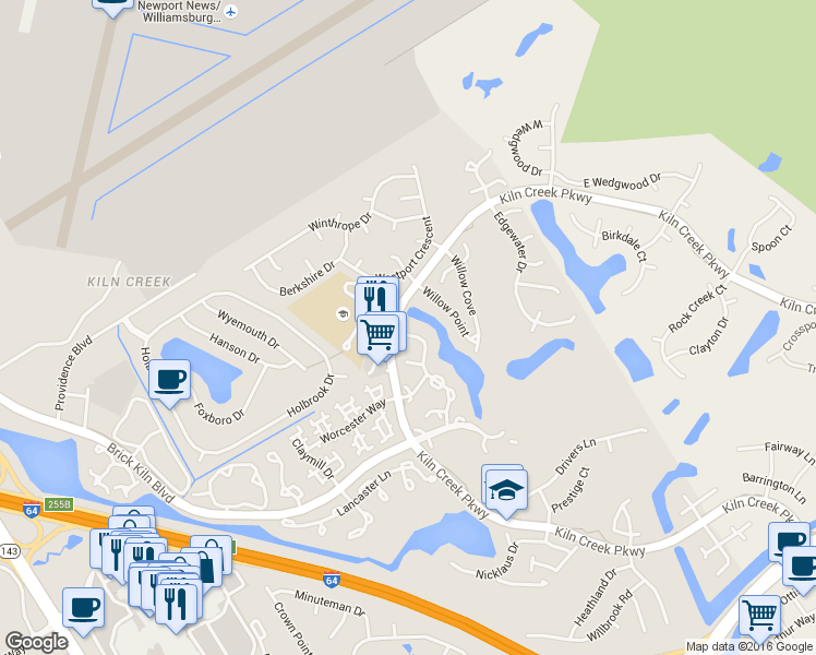 map of restaurants, bars, coffee shops, grocery stores, and more near 1362 Lake Drive in Newport News