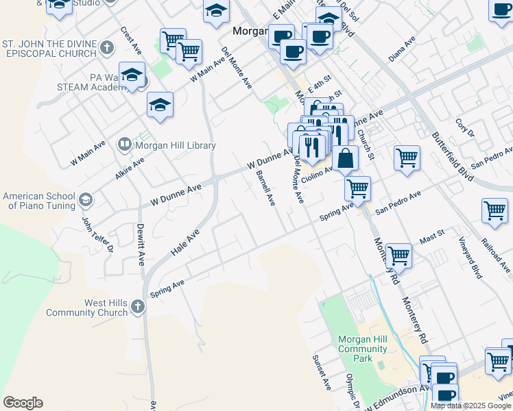 map of restaurants, bars, coffee shops, grocery stores, and more near 260 West Dunne Avenue in Morgan Hill