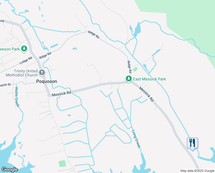 map of restaurants, bars, coffee shops, grocery stores, and more near 104 Messick Road in Poquoson