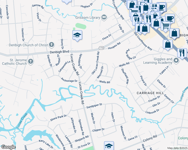 map of restaurants, bars, coffee shops, grocery stores, and more near 766 Old Lucas Creek Road in Newport News