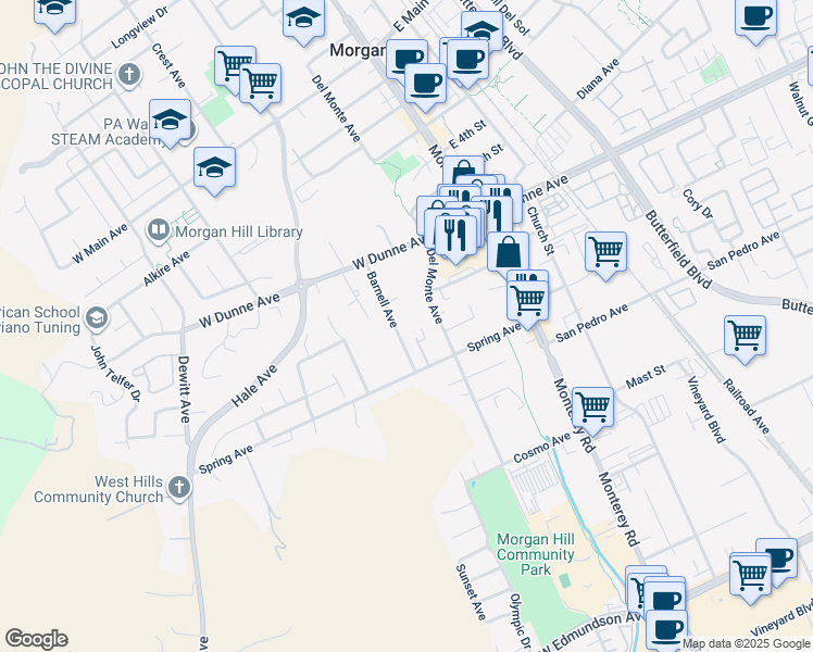 map of restaurants, bars, coffee shops, grocery stores, and more near 16931 Del Monte Avenue in Morgan Hill