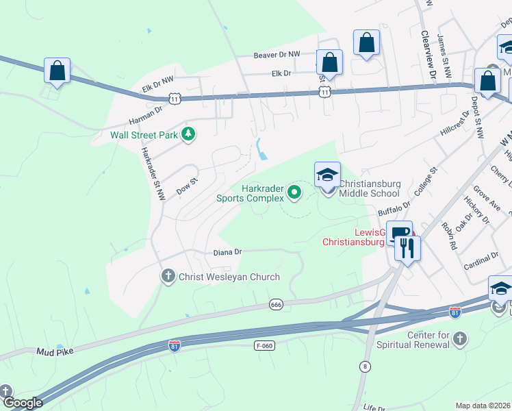 map of restaurants, bars, coffee shops, grocery stores, and more near 225 Aldwych Avenue in Christiansburg