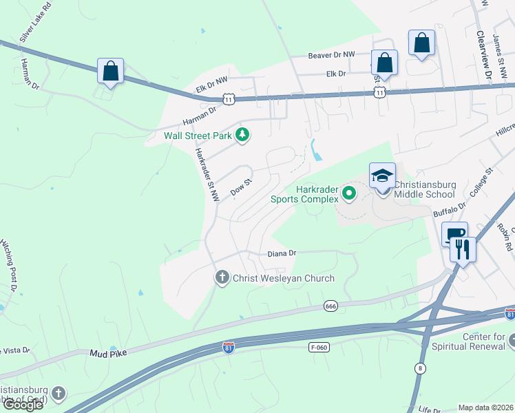 map of restaurants, bars, coffee shops, grocery stores, and more near 575 Keystone Drive in Christiansburg