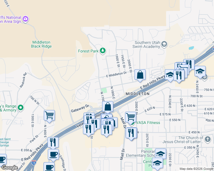 map of restaurants, bars, coffee shops, grocery stores, and more near 1753 East 800 North in Saint George