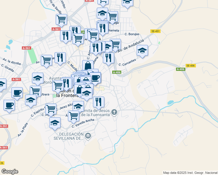 map of restaurants, bars, coffee shops, grocery stores, and more near 14 Calle Osuna in Morón de la Frontera