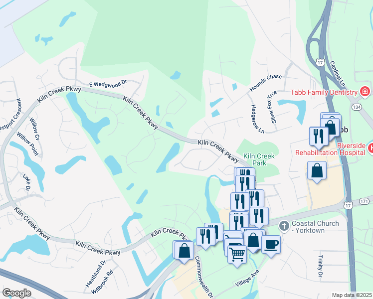 map of restaurants, bars, coffee shops, grocery stores, and more near 122 Crosspointe Court in Yorktown