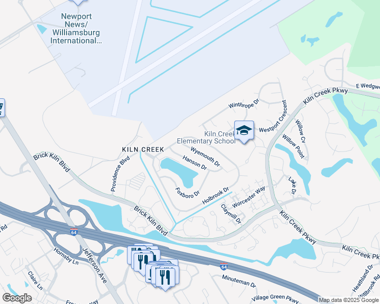 map of restaurants, bars, coffee shops, grocery stores, and more near 813 Wyemouth Drive in Newport News