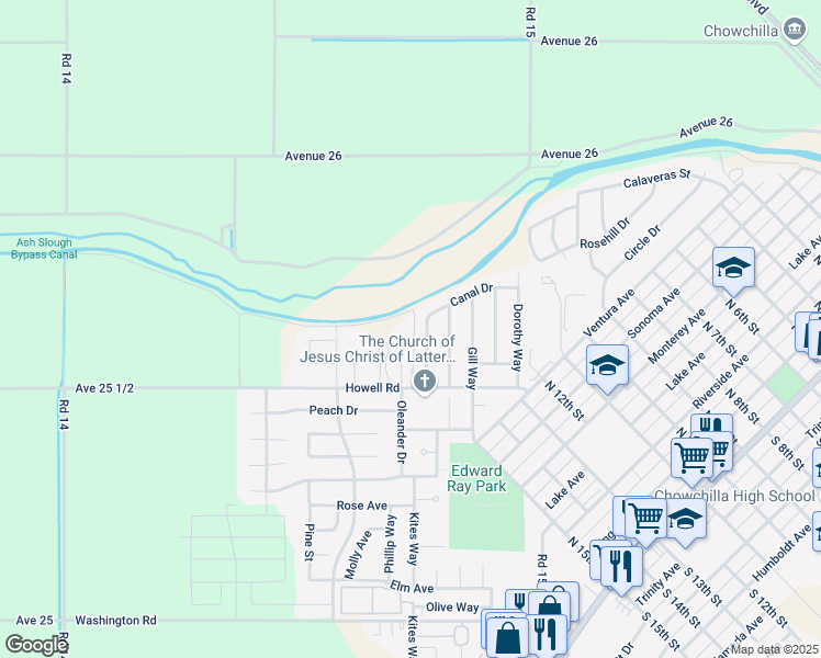 map of restaurants, bars, coffee shops, grocery stores, and more near 463 Oleander Drive in Chowchilla