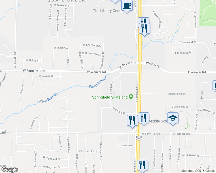 map of restaurants, bars, coffee shops, grocery stores, and more near 5120 South Main Avenue in Springfield