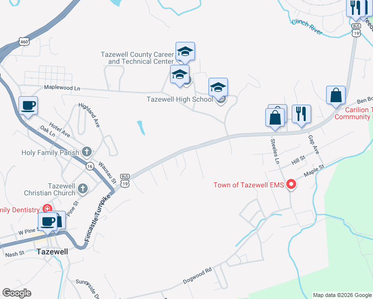 map of restaurants, bars, coffee shops, grocery stores, and more near U.S. 460 Business in Tazewell