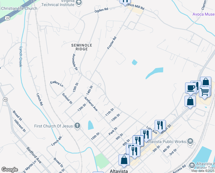 map of restaurants, bars, coffee shops, grocery stores, and more near 1303 Lola Avenue in Altavista