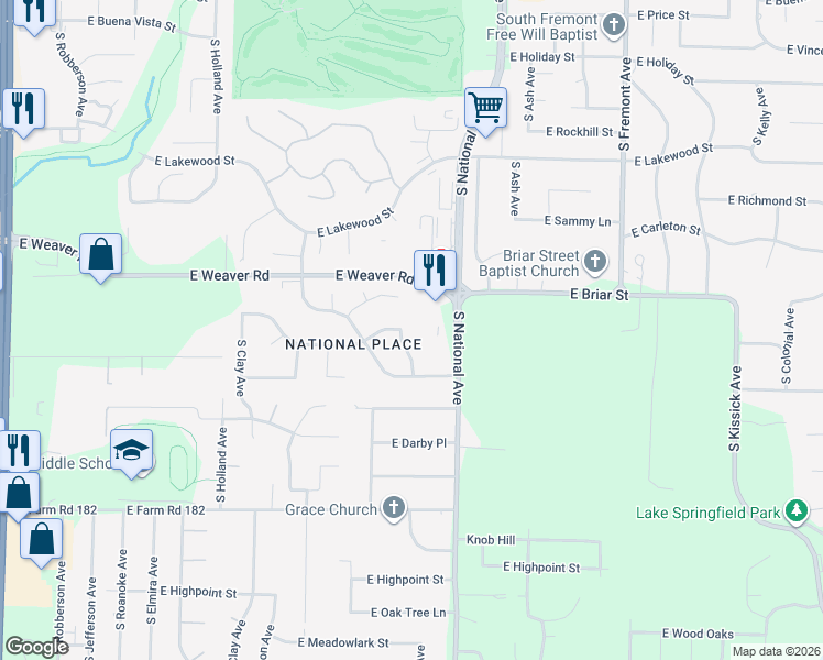 map of restaurants, bars, coffee shops, grocery stores, and more near 5100 South Hampton Avenue in Springfield