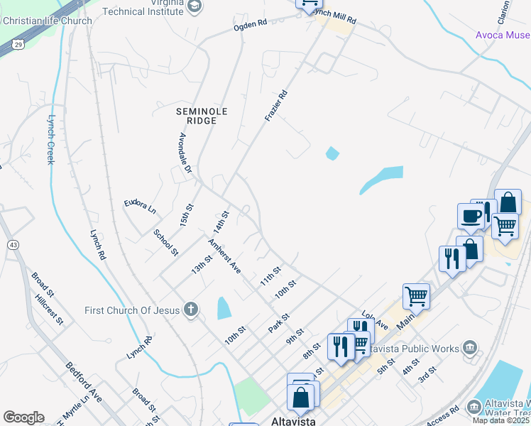 map of restaurants, bars, coffee shops, grocery stores, and more near 1303 Lola Avenue in Altavista