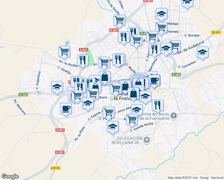 map of restaurants, bars, coffee shops, grocery stores, and more near 45 Calle Victoria in Morón de la Frontera