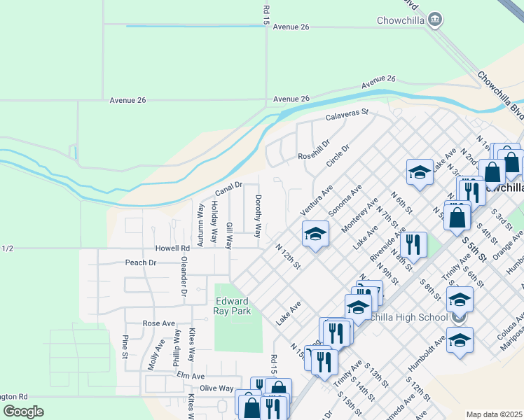 map of restaurants, bars, coffee shops, grocery stores, and more near 133 Dorothy Way in Chowchilla