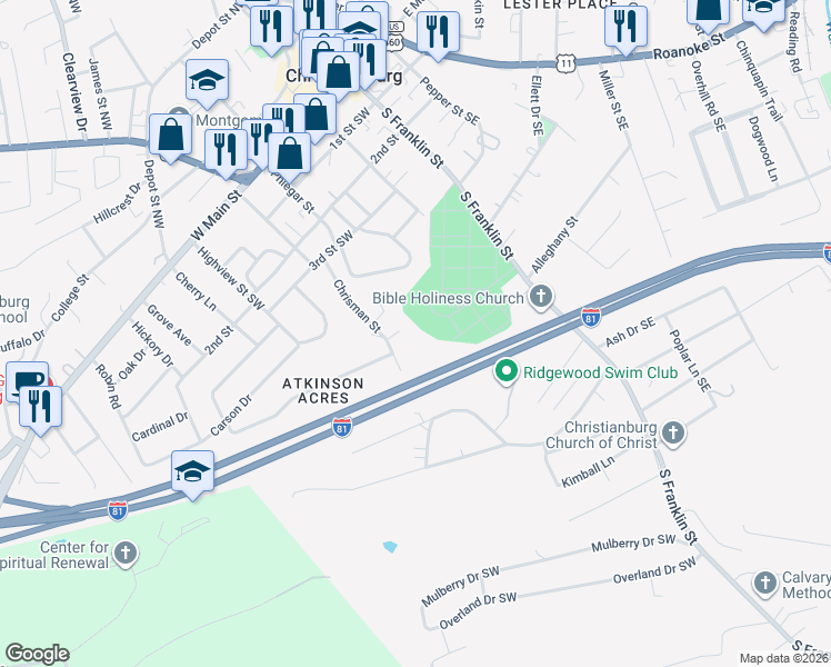 map of restaurants, bars, coffee shops, grocery stores, and more near 335 Hyde Street Southwest in Christiansburg