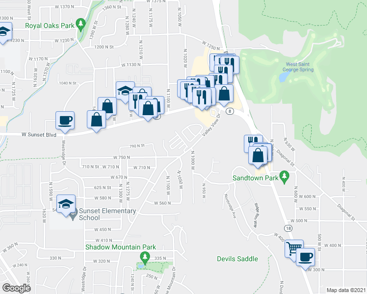 map of restaurants, bars, coffee shops, grocery stores, and more near 781 North Valley View Drive in St. George
