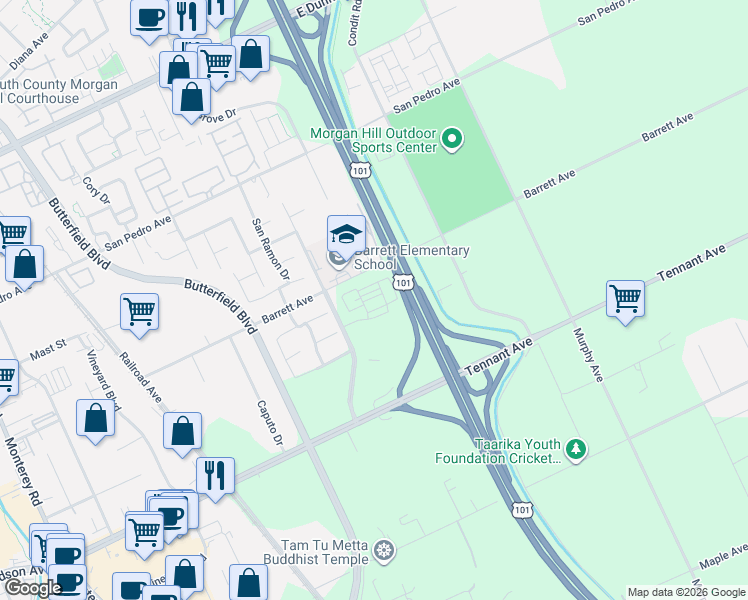 map of restaurants, bars, coffee shops, grocery stores, and more near South Valley Frwy in Morgan Hill