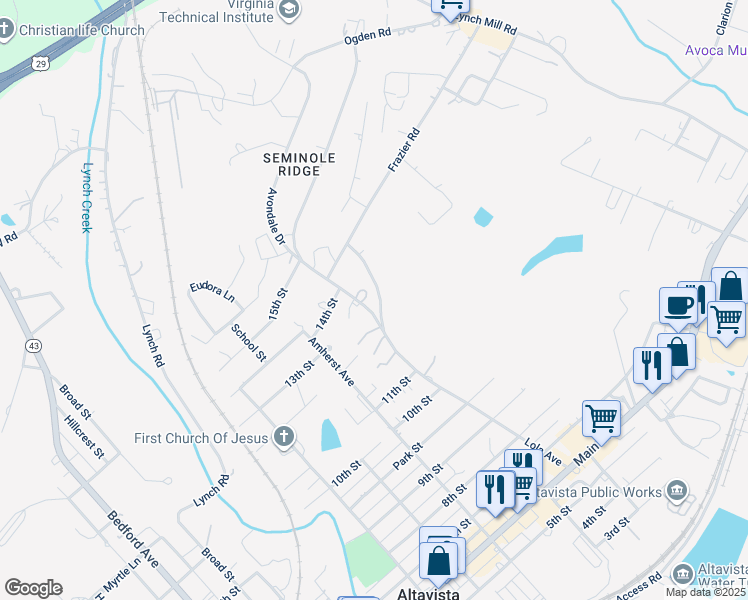 map of restaurants, bars, coffee shops, grocery stores, and more near 1208 Avondale Dr in Altavista